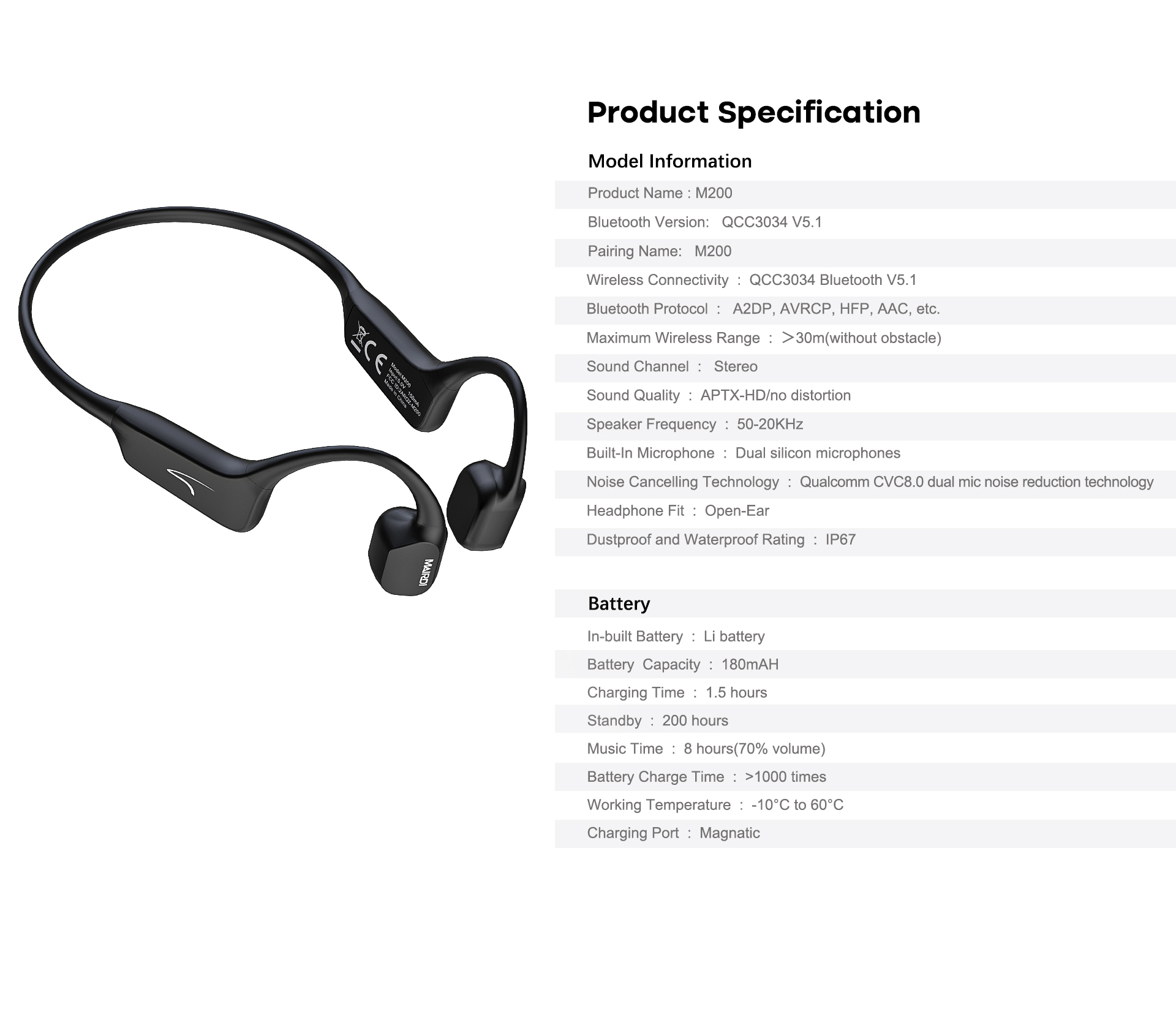 Bone conduction earphone Xiamen Mairdi Electronic Technology Co. Ltd